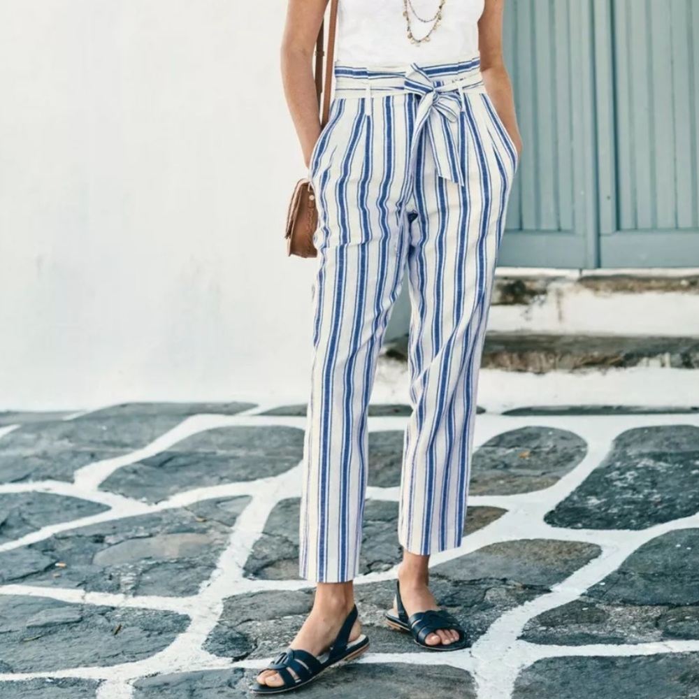 Boden St. Ives Paperbag Linen Blue White Stripe Pants 8 Long
